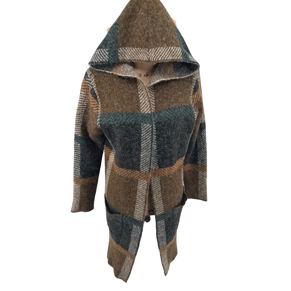 Natural Reflections Brown Plaid Hooded Cardigan‎ Longline Open Front Lg Cozy